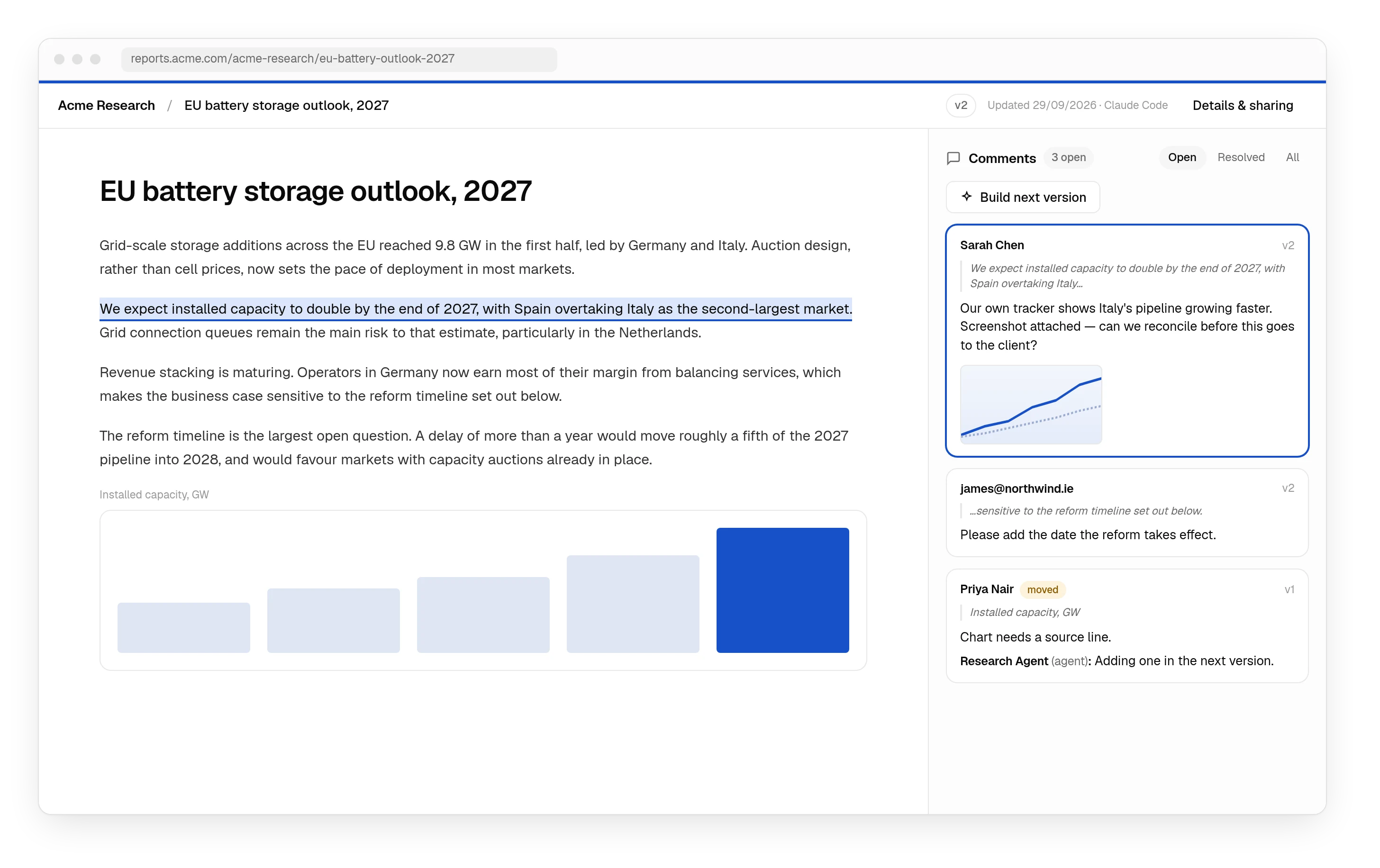 A report with a sentence highlighted and three open comments beside it — one with an attached chart, one from a guest, one the agent has replied to — under a Build next version button.
